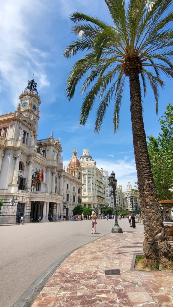 Vue de la place de l’Hôtel de Ville à Valence avec palmiers et architecture historique en centre-ville
